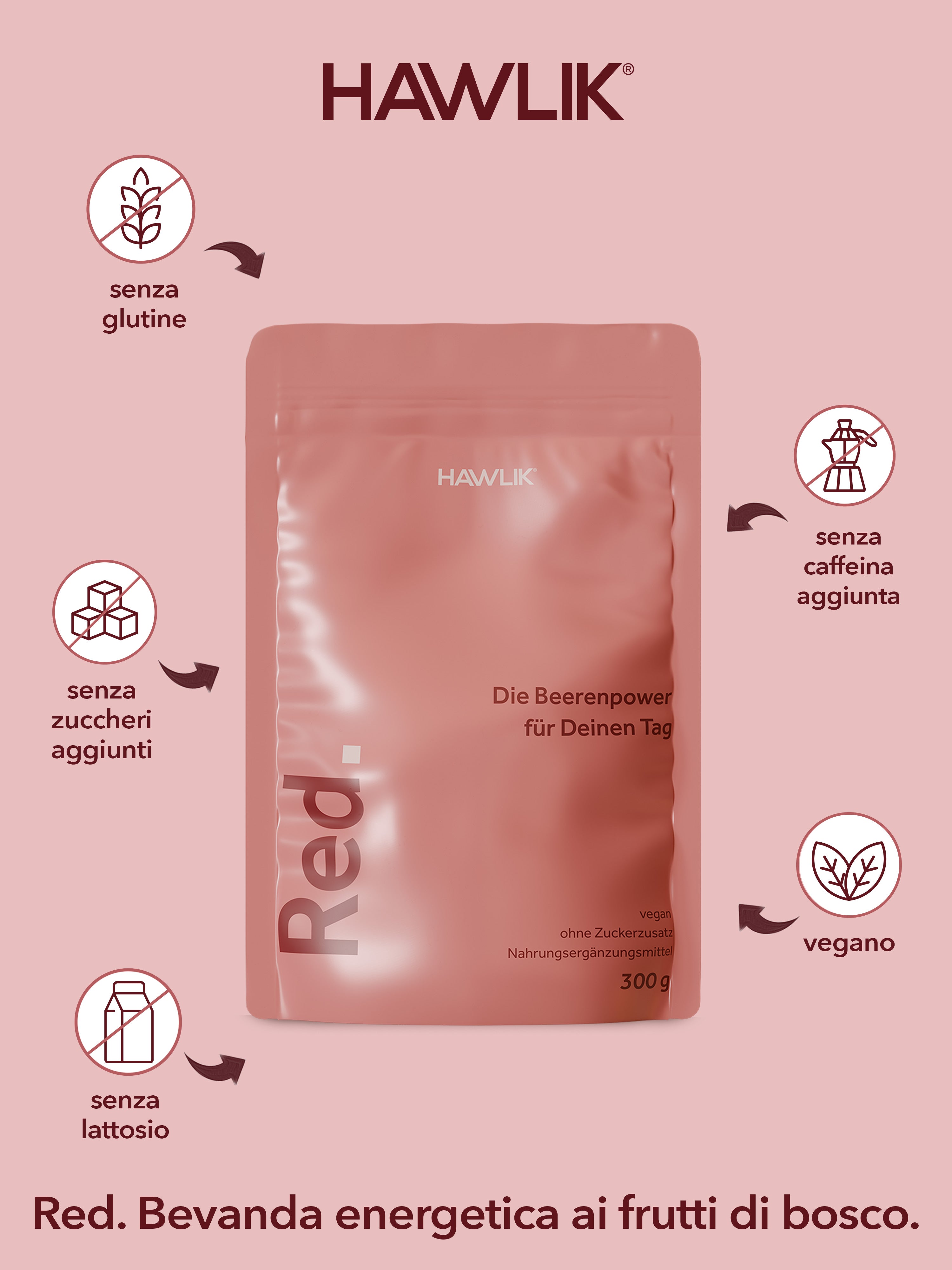 Bevanda energetica Red Power con tutti i vantaggi: senza glutine, senza zuccheri aggiunti e vegana. 